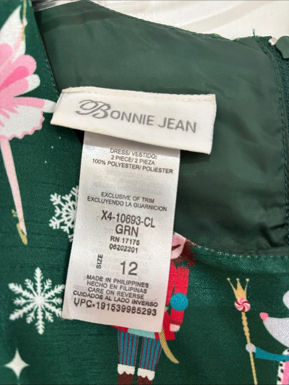 Bonnie Jean Green Nutcracker & Ballerina Holiday Dress w/ Gold Bow Girls 12 EUC